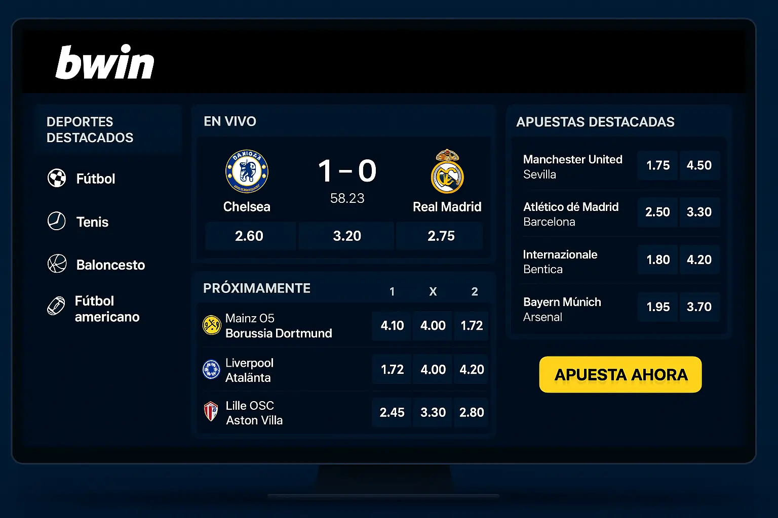 Interfaz principal de la plataforma de apuestas de Bwin